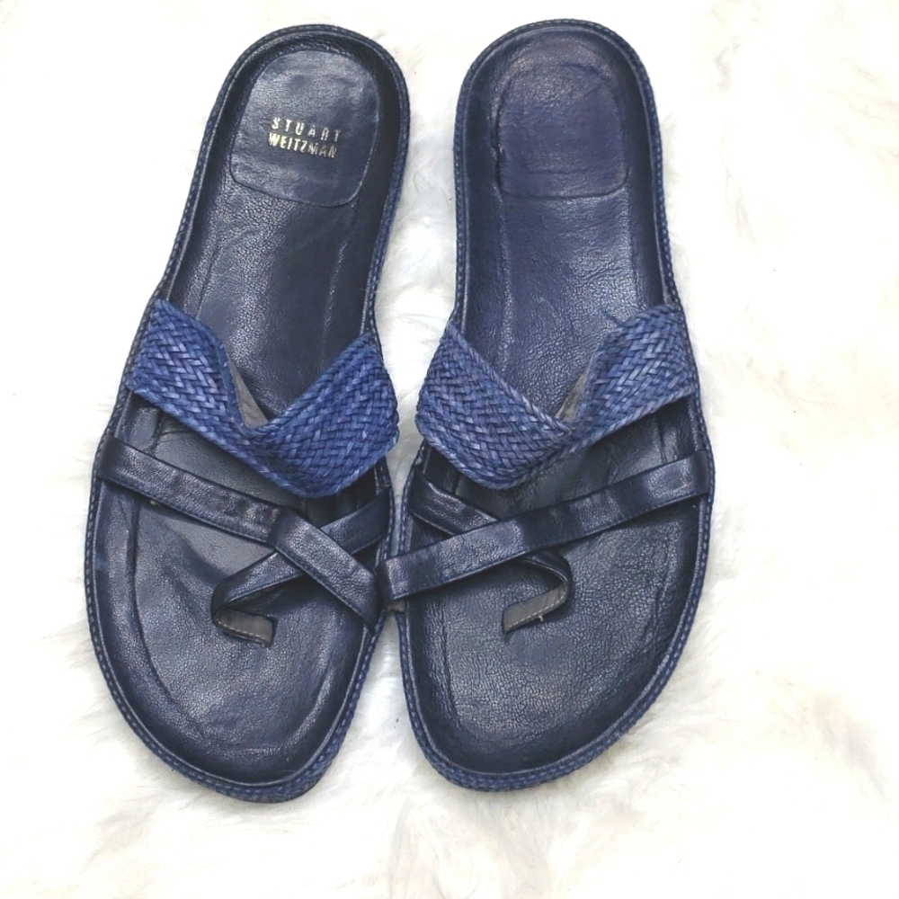 Stuart Weitzman Sandal 10.5M Navy Braided Toe Loop Slide Slip On